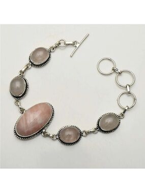Artisan Handmade Silver Rose Quartz Bracelet in Pale Pink Multi Stone